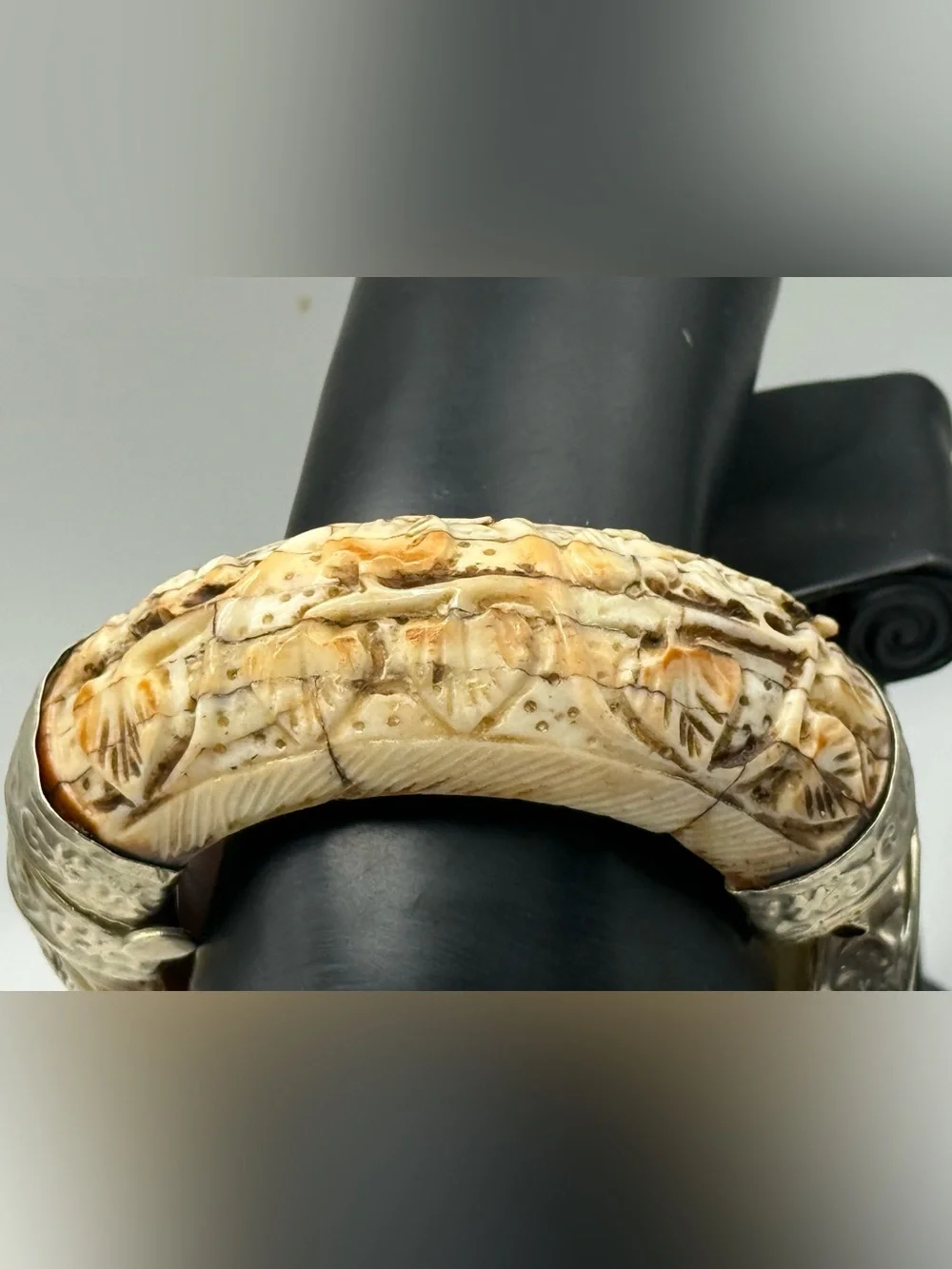 Vintage Tribal Lapis Lazuli Carved Bone Hinged Cuff Bangle Statement Bracelet